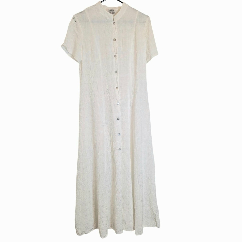 Huis Clos Off White Jacquard Maxi Dress – Abalone Buttons, Vintage Clean Miminal